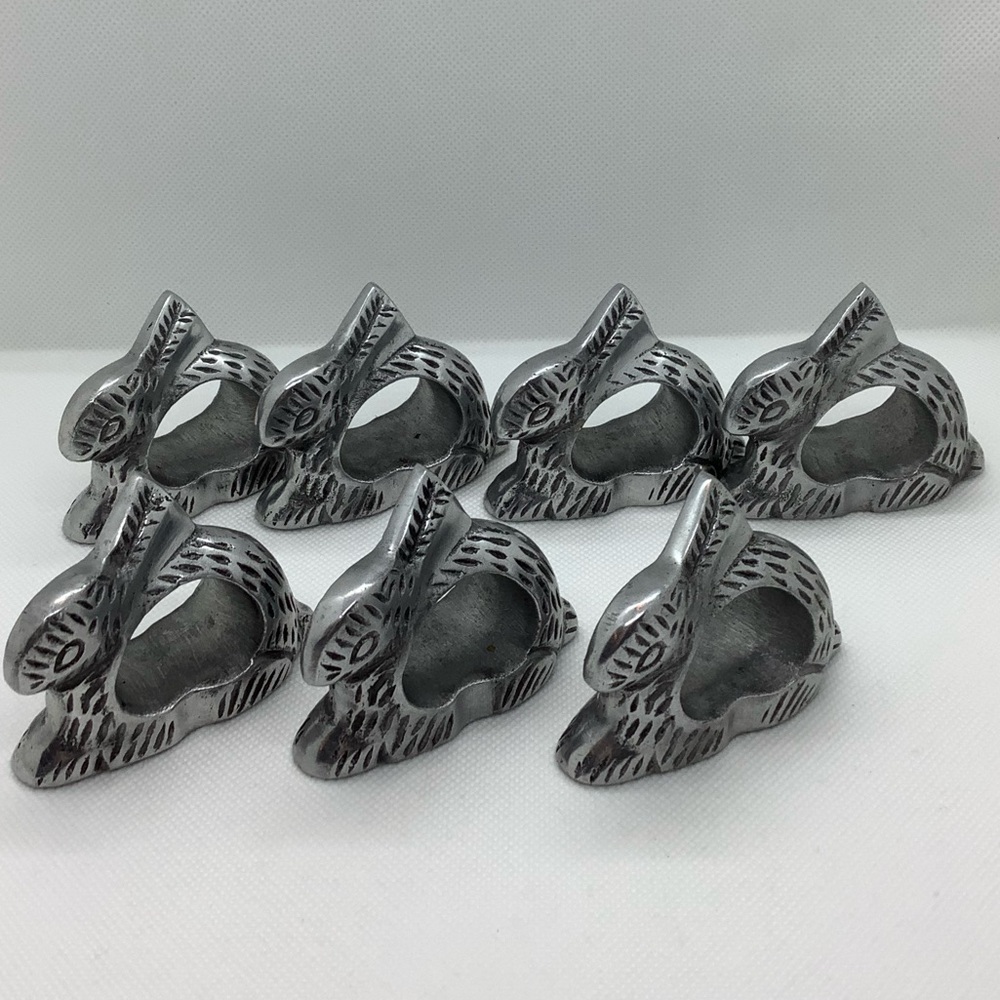 Set of 7 Silver Tone Bunny Rabbit Heavy Steel or Pewter Napkin Rings
